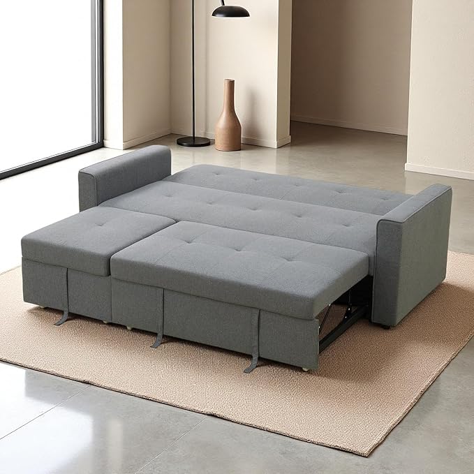Convertible Sofa Bed Couch, 4 Seat Iron Frame Sectional Couches for Living Room with Storage for Apartment, Sleeper Sofa Couch with Pullout Bed, Light Grey