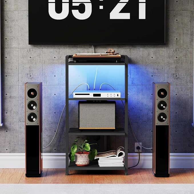 HOOBRO 4-Tier AV Media Stand with Charging Station and LED Light, Wooden Stereo Stand, Rack Audio Tower, Corner TV Stand, Entertainment Device, Black BB38UDCJ01 - Image 9