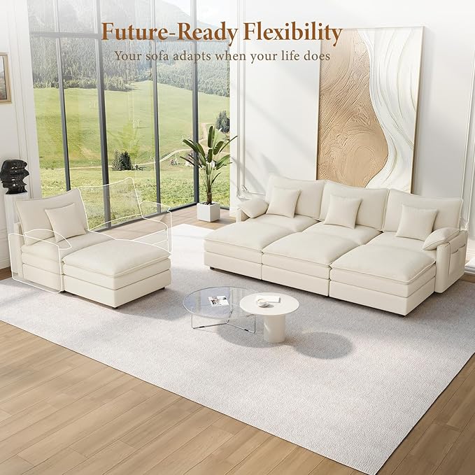 Vesgantti 142" Oversized Sectional Sofa Bed, 8-Seater Modular Sleeper Cloud Couch with Movable Ottoman, Chenille Convertible Sofa Set Deep Seat Couches for Living Room, Bedroom and Apartment, White