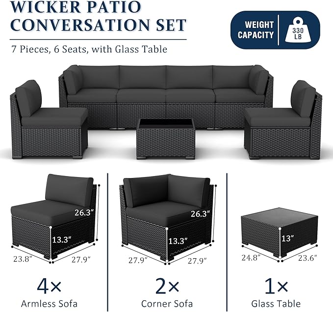 Patio Furniture Set, 7 Pieces Outdoor Sectional Sofa Set with Waterproof Cover, Black PE Wicker Rattan Slanted Back Outdoor Conversation Set with Cushions and Glass Coffee Table, Dark Grey