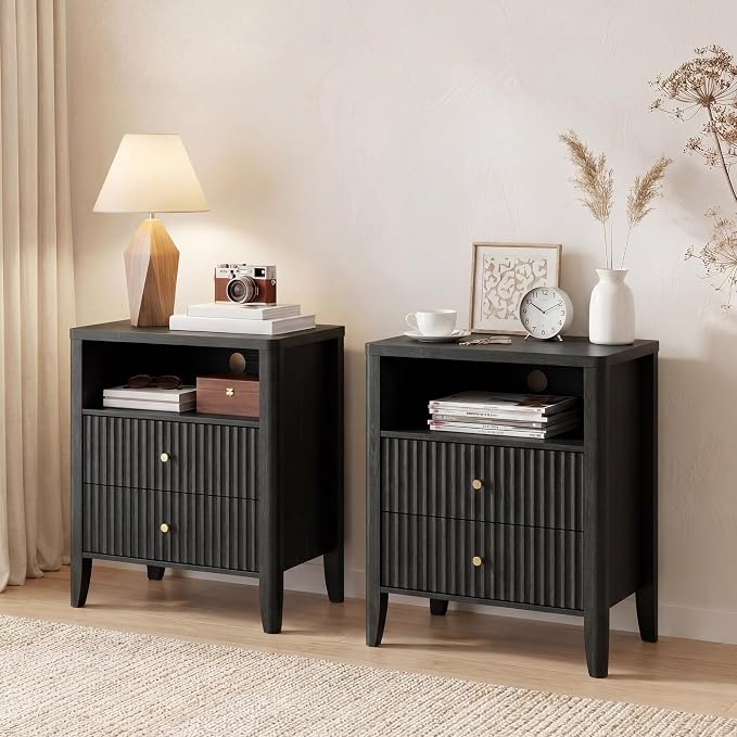 Nightstand with Charging Station, 21" Fluted Bedside Table with 2 Drawers & Open Shelf, Modern End Table with Storage for Bedroom, Black - Image 7