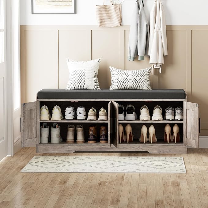 Homleke 2-Tier Storage Bench, Shoe Bench with Thickened Padded Seat Cushion, Entryway Bench with 4 Doors, Adjustable Shelf, 13.8" D x 45.3" W x 18.5" H, for Entryway, Living Room, Bedroom, Greige - Image 9