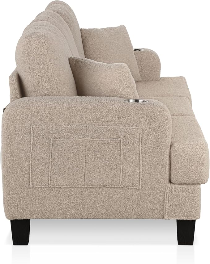 Homes: Inside + Out Reese Modern Plush Boucle Couch with Side Pockets, Cup Holders and USB Ports, Wooden Comfortable Sofa for Living Room, Bedroom and Office, Beige