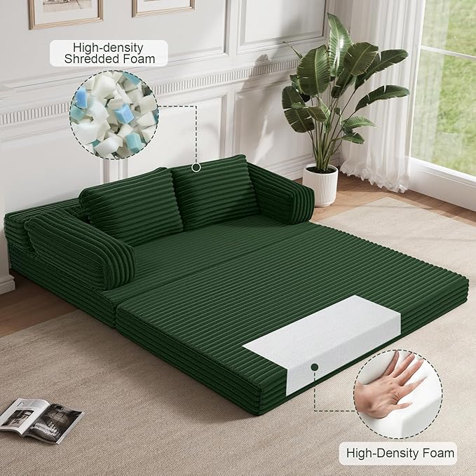 MeMoreCool Convertible Sofa Bed, Folding Floor Couch Bed Queen, Pull Out Sleeper Couch with Pillows, Fold Out Futon Sofa for Bedroom Living Room Small Space, Corduroy Beige