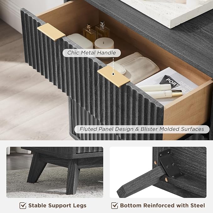 T4TREAM Fluted 6 Drawers Dresser, 54" Wide Modern Chest of Drawers, Curved Profile Design, Dresser TV Stand, Wood Drawer Organizer for Bedroom, Living Room, Hallway, Dark Alder - Image 6