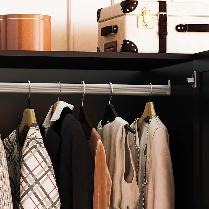 4 Doors Mirrored Wardrobe Armoire Closet with Drawers, LED Armoire Storage Cabinet with Adjustable Shelves & Hanging Rod, 74.8" H Freestanding Clothing Storage Cabinet for Bedroom, Black