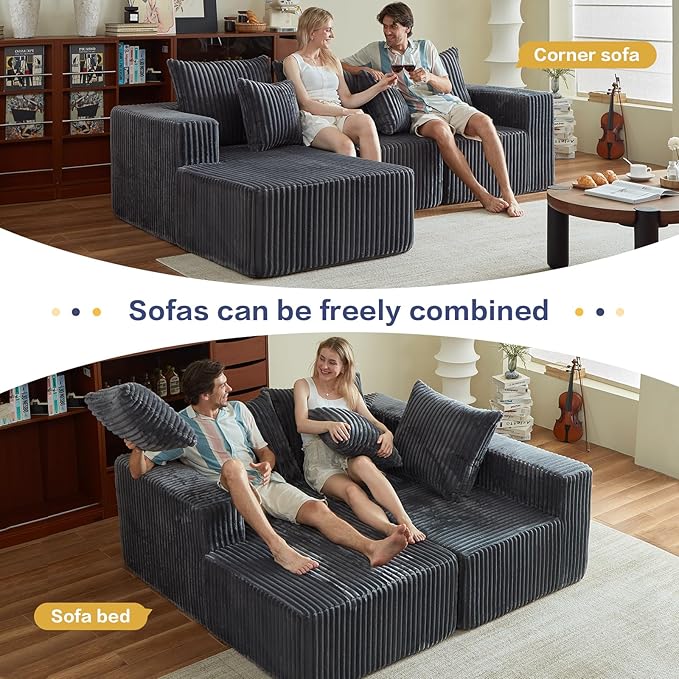 Boneless Couch, 101" Cloud Sectional Sofa with L Shaped Chaise, Deep Seat Sofa in a Box with 3 Modular Sections, Modern Corduroy Comfy Couch for Living Room, Grey