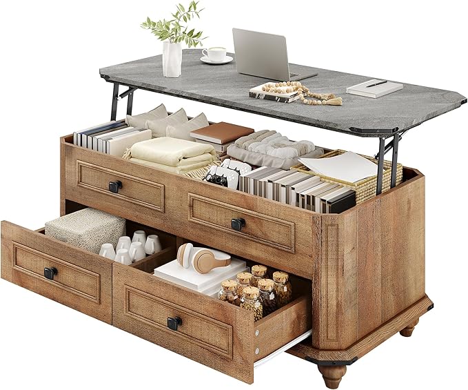 DWVO Lift Top Coffee Table with Storage, Farmhouse Wood Central Table w/Large Hidden Compartment, 2 Storage Drawers, Lift Tabletop Dining Table for Living Room, Reception Room, Rustic Brown