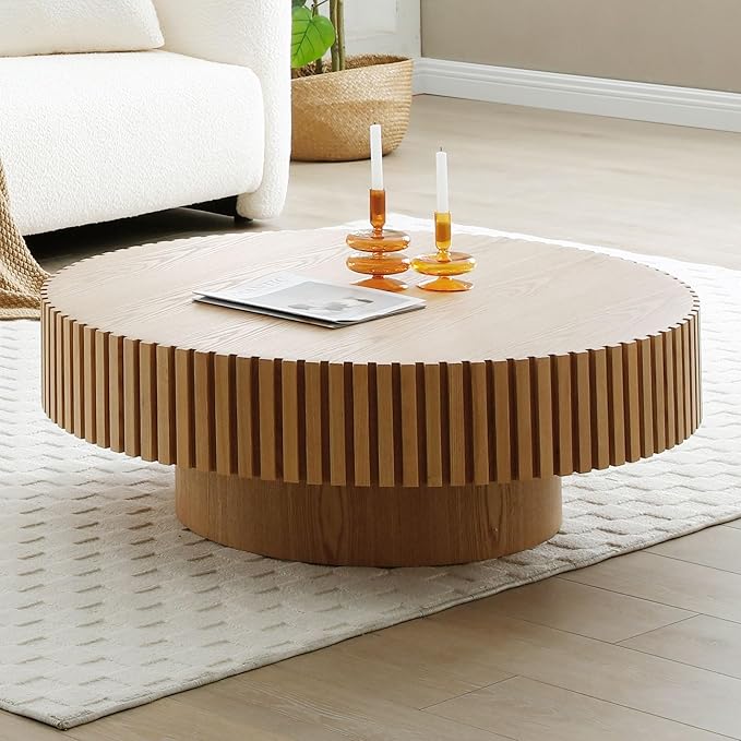 Round Coffee Table Wood Coffee Table for Living Room,Contemporary Drum Coffee Table with Handcrafted Relief,Fluted Side table Easy Assembly(please make sure this size is perfect for your space)