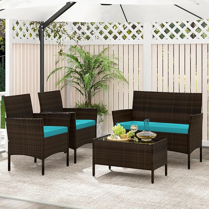 KOTEK 4 Piece Patio Furniture Set, Outdoor Rattan Conversation Set with Loveseat, Wicker Chairs, Tempered Glass Coffee Table, Wicker Patio Set for Backyard, Porch (Turquoise)