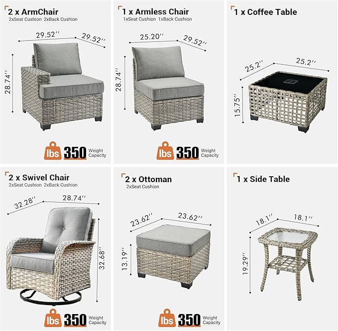 ovios 9 Piece Patio Sectional Furniture with Swivel Rocking Chairs, Rattan Wicker Coversation Set with Glowing Coffee Table, Outdoor Sofa Set for Outside Porch Balcony Backyard Pool, Dark Grey