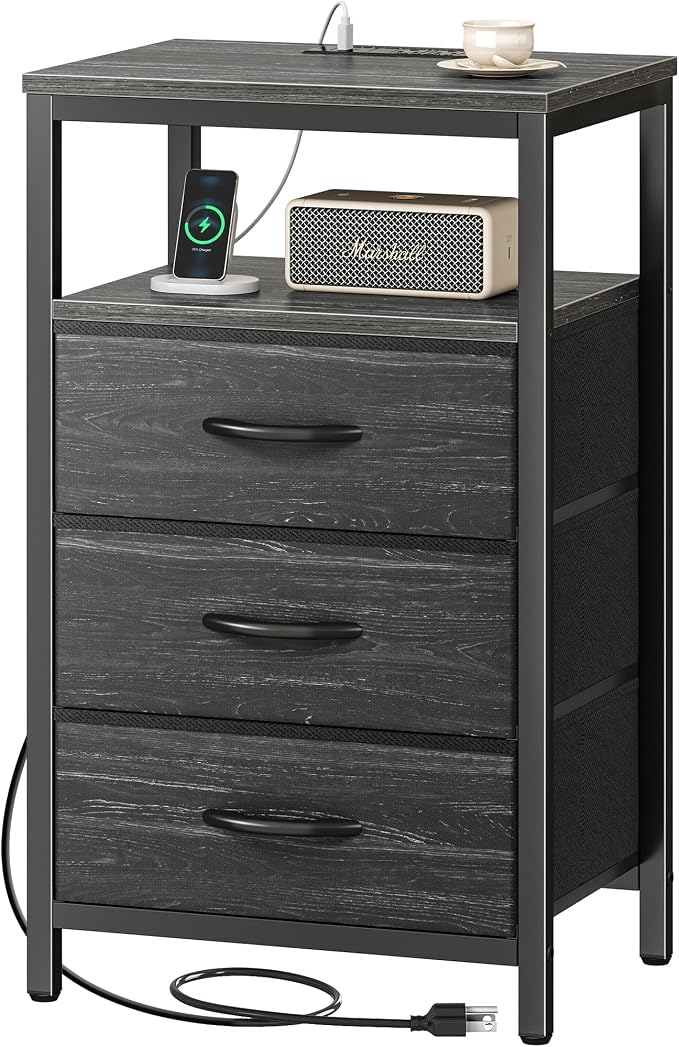 Huuger Nightstand with Charging Station, 27.6 Inch End Table Bedside Table with USB Ports and Outlets, Night Stand for Bedroom, Fabric Drawers, Charcoal Black Wood Grain Print - Image 9