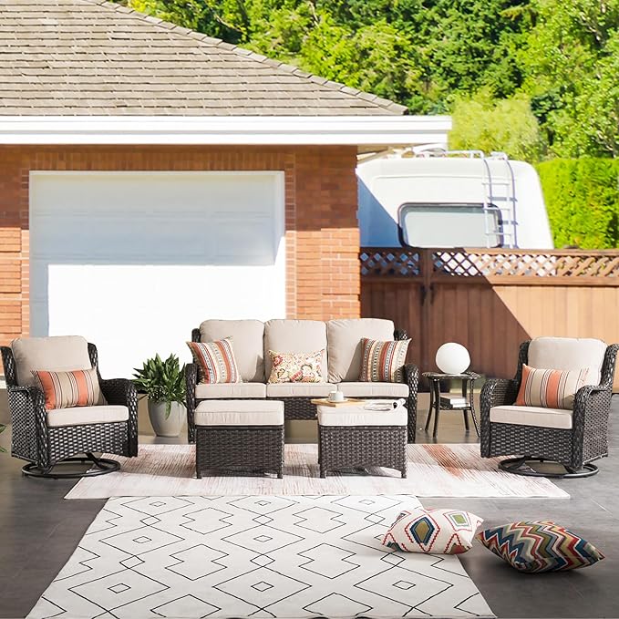 HOOOWOOO Patio Furniture Set,6 Piece Outdoor Furniture Set with Swivel Chairs,Wicker Patio Conversation Couch Chairs Ottoman Set,Beige