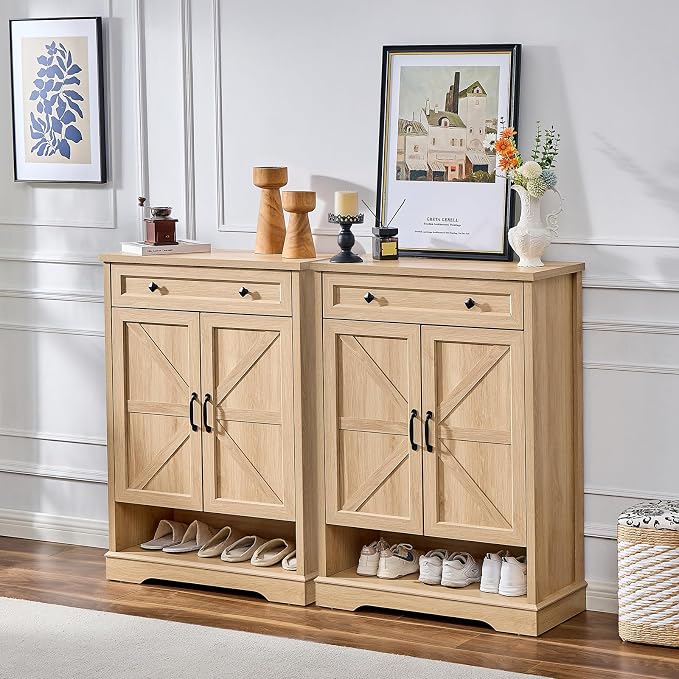SOOWERY Shoe Cabinet with Drawer, Farmhouse Shoe Storage Cabinet with Doors, 5 Tiers Narrow Shoe Organizer for Entryway, Foyer, Hallway, Natural Oak - Image 7