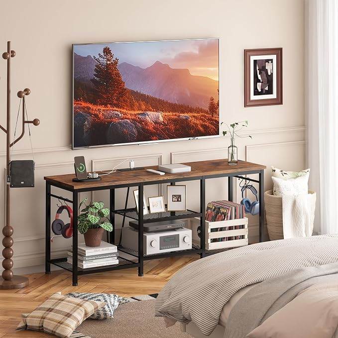 YGEOMER Entertainment Center for TVs Up to 55 Inch, TV Stand with Power Outlet and Open Storage Shelves, TV Media Console Table for Living Room and Bedroom, Rustic Brown - Image 7