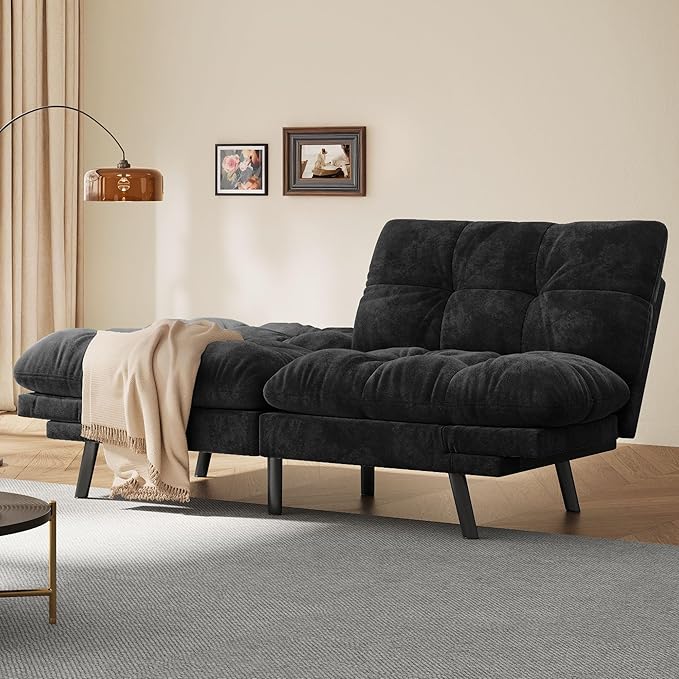 DWVO Sofa Bed with 3-Position Adjustable Backrest & Armrests, Upholstered Loveseat Couch Bed, Expandable Foldable Design for Living Room, Bedroom, Black