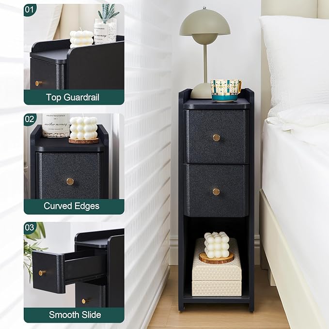 Narrow End Table Bedroom, Wooden Small 2 Drawer Nightstand, Thin Couch Side End Table, Skinny Bedside Table Small Spaces, Mid Century Modern Night Stand with Drawers (Black-1 pc) - Image 9