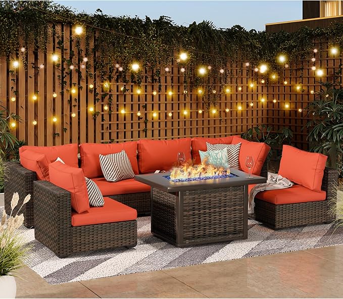 Grezone 15 Piece Patio Furniture Set with 44" Fire Pit Table, Outdoor Sectional Couch, PE Rattan Patio Conversation Sets with 4inch Cushions for Backyard Red