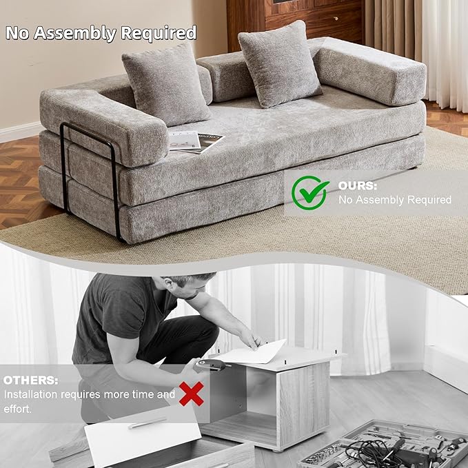 Convertible Floor Sofa Bed, Fold Out Floor Couch with Pillow Back & Armrest, Compressed Couch with Fixed-Shape Frame, Chenille Foldable Sleeper Sofa Bed for Living Room Bedroom, Light Grey