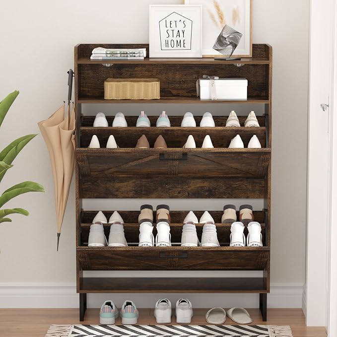 Shoe Cabinet with 2 Flip Drawers, Freestanding Hidden Shoe Storage Organizer for Entryway, Narrow Slim Shoe Rack Cabinet with Open Storage & Hooks for Front Door Entrance, Living Room, Hallway, Brown - Image 7
