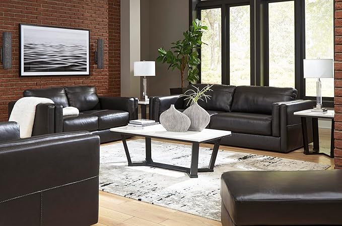 Signature Design by Ashley Amiata Contemporary Firmly Cushioned Leather Rectangular Ottoman, Black