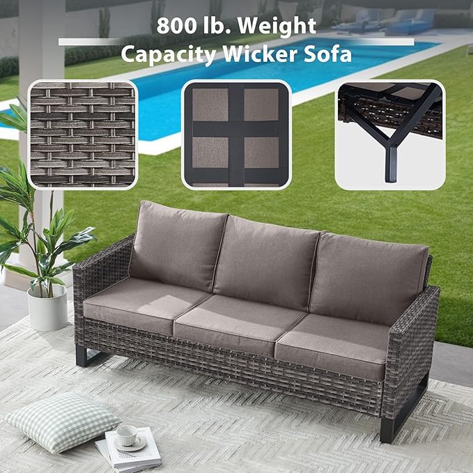 9 Piece Wicker Patio Furniture Set - Outdoor Swivel Rocker Chairs Set with Coffee Table, Rattan Chairs, 3 Seat Sofa & Ottomans, Patio Conversation Sets for Bcakyard Deck - Grey/Grey