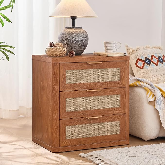LEYAOYAO Rattan Night Stand with Charger Station, 23" Large 3 Drawer Boho Nightstand, Tea Brown Bedside Table Storage Cabinet, Bed Side End Tables for Bedroom, Living Room, Hallway - Image 9