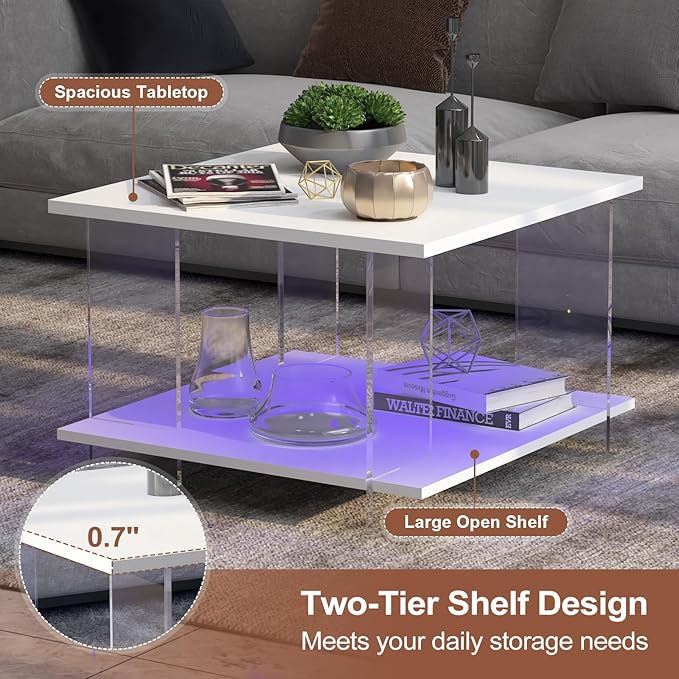 24" Acrylic Coffee Table with White Wood Tabletop, Minimalist Stylish Modern Square Center Table for Living Room,Led Living Room Table with Storage Shelf & Acrylic Frame for Small Space