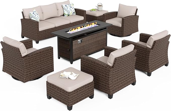 Swivel Glider Patio Furniture Set, 8 Pcs Wicker Outdoor Conversation Set, 2 x Swivel Chairs, 2 x Leg Chairs, 1 x 3 Seater Sofa and 2 x Ottomans and 56" Fire Pit Table, Beige