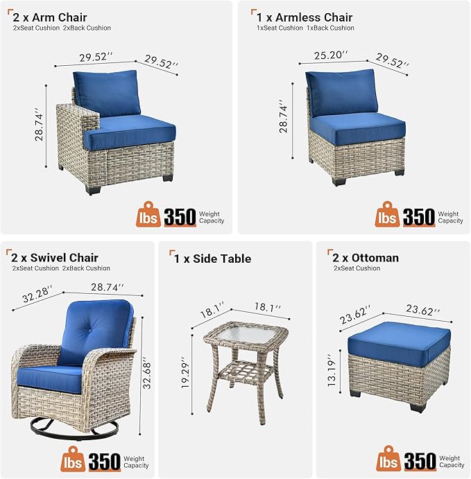 ovios 8 Piece Patio Sectional Furniture with Swivel Rocking Chairs, Rattan Wicker Coversation Set with Glowing Coffee Table, Outdoor Sofa Set for Outside Porch Balcony Backyard Pool, Navy Blue