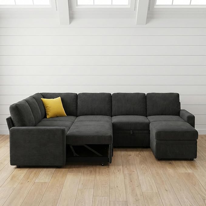 7-Seater Large Sectional Couch with Pull Out Bed, L Shaped Corduroy Sofa with Storage, Convertible Modular Sofa, for Living Room, Apartment, Gray