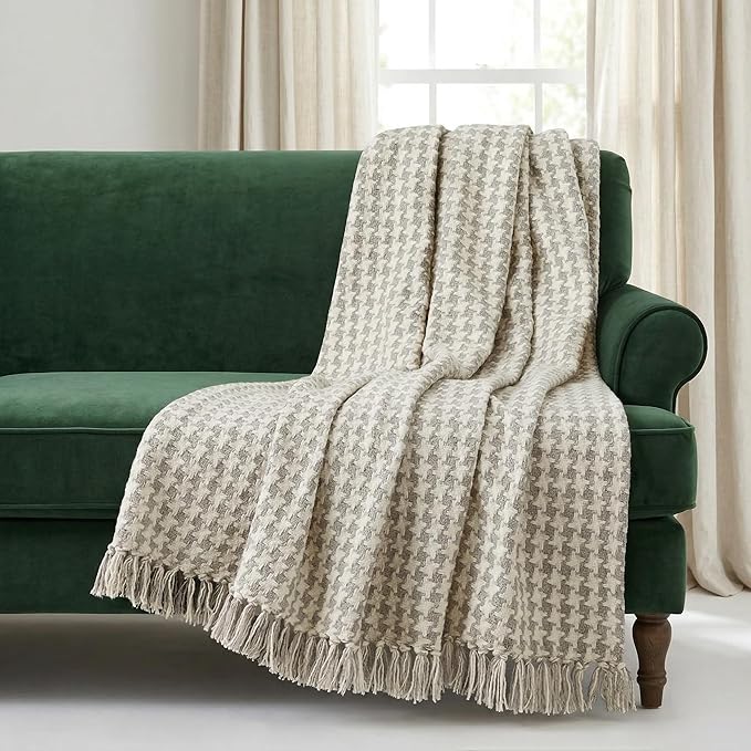 Americanflat 50x60 Throw Blanket - Soft and Breathable Cotton Throw Blanket for Couch, Bed, Chair - Decorative Blankets Perfect for Home, Office, or Outdoor Use - Cream and Beige Houndstooth Design