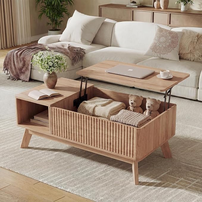 Wood Lift Top Coffee Table with Hidden Compartment and Large Storage Shelf, Lift Tabletop Dining Center Table for Home Living Room Office, Natural