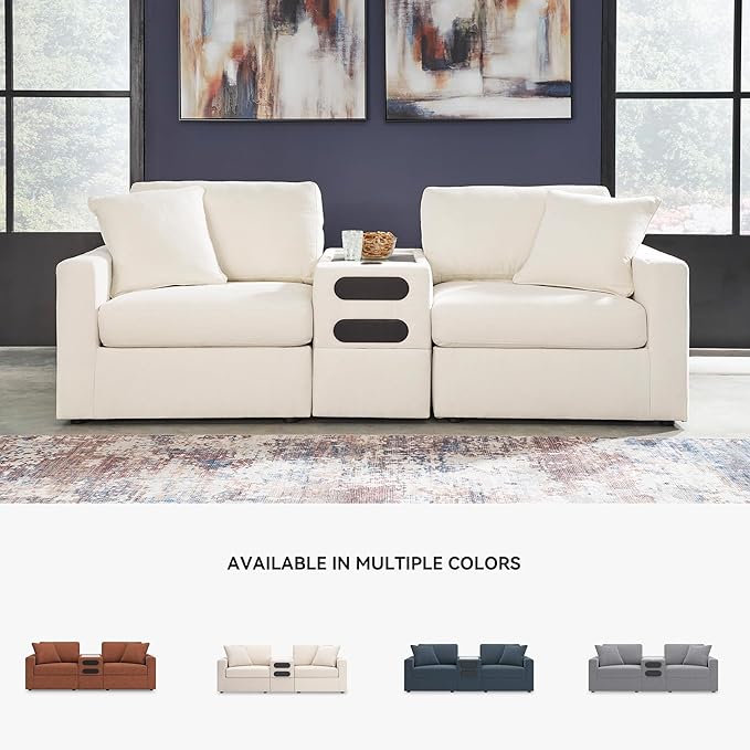 Signature Design by Ashley Modmax Coastal Modular Stain Resistant 3-Piece Sectional with Audio Console, Drawer, USB Ports and 2 Accent Pillows, Beige