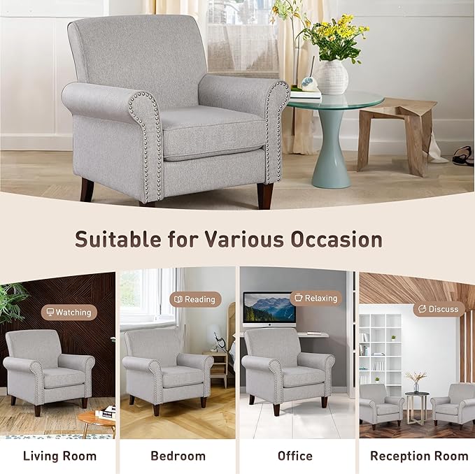 Prilinex Upholstered Living Room Chair Set of 4 - Large Comfy Fabric Accent Chair Single Sofa with Cushion, Rolled Armrest & Nailhead Trim, Mid Century Modern Armchair for Bedroom, Office, Grey