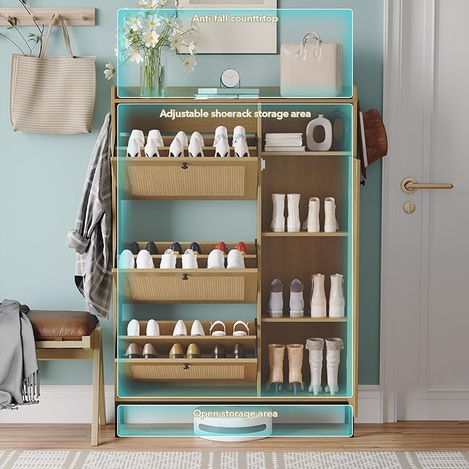 GarveeLife 3-Tier Rattan Shoe Cabinet with Flip Drawers, Adjustable Shelves and Narrow Storage Design, Perfect for Entryways, Hallways, and Bedroom Organization in Wood