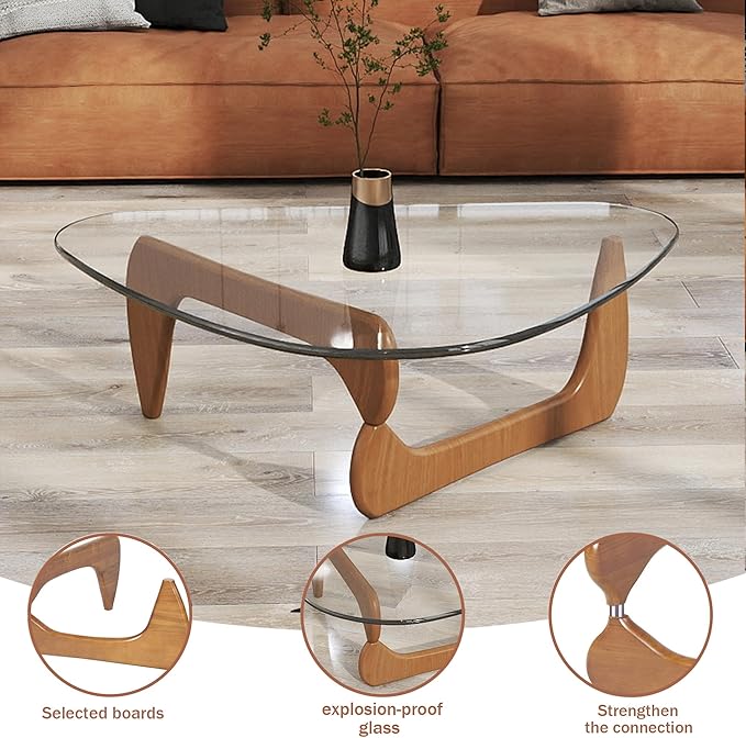 Glass Coffee Table Modern Coffee Table for Living Room, Farmhouse Mid Century Center Tables with Tempered Glass Top and Wooden Base,Rustic Walnut Brown Tea Tables for Small Space