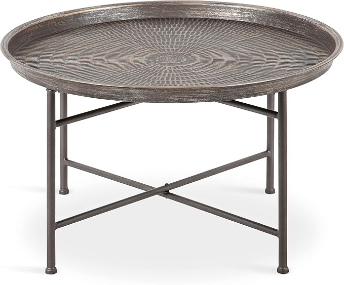 Kate and Laurel Mahdavi Boho-Chic Hammered Metal Tray Coffee Table, Brushed Silver
