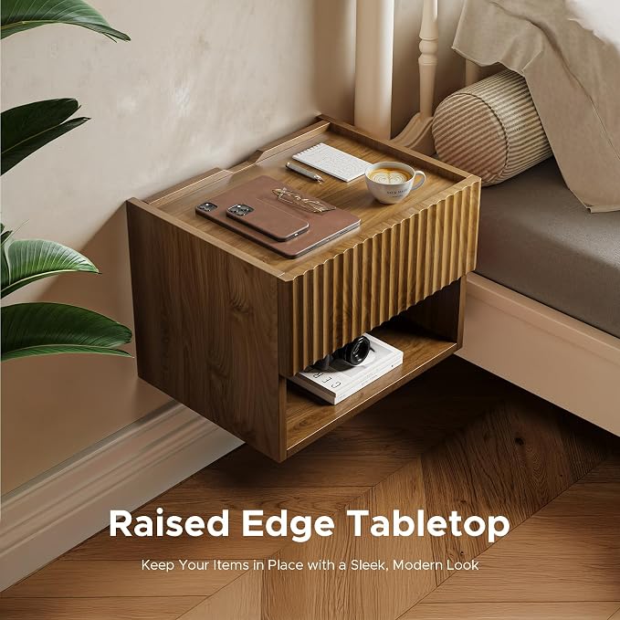 Floating Nightstand Bedroom Bedside Table - Floating Night Stand Set 2 for Small Spaces, Wall Mounted Cabinet with Storage Drawer, Brown Modern Night Stand for Dorm Hallway Entryway - Image 8