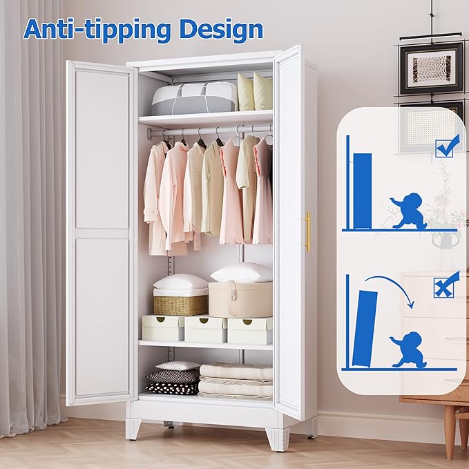 GAIOUS Metal Wardrobe Cabinet with Mirror and Hanging Rod, 71" Metal Clothing Storage Cabinets with 2 Doors and Adjustable Shelves, White Armoire Wardrobe Closet for Bedroom, Laundry Room, Cloak Room