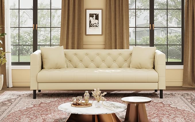 IDEALHOUSE Mid Century Modern Sofa 81 inch, Faux Leather Sofa 3 Seater, Apartment Sofa for Living Room, Chesterfield Tufted Couch with Deep Seats and 2 Pillows, Sectional Style Couch, Beige