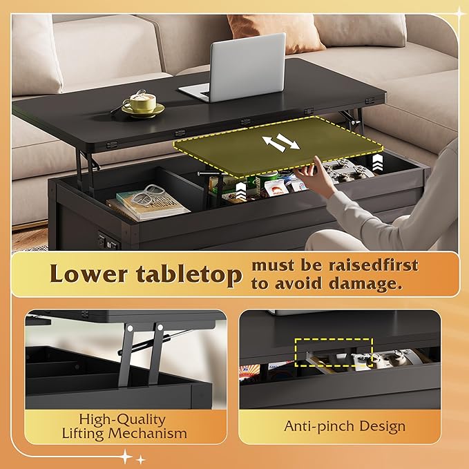 WLIVE 40" Lift Top Coffee Table, 4 in 1 Coffee Tables with Storage, 2 Fabric Drawers, LED Light and USB, Modern Coffee Table with Hidden Compartment for Living Room, Dining Room, Black