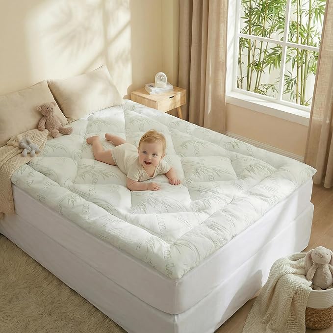 Bamboo Mattress Topper Full Size with Deep Pocket 1700 GSM Fill Cooling Shredded Memory Foam Mattress Pad Rayon Derived from Bamboo, Ideal for Side Sleepers, Back Pain, Hot Sleepers