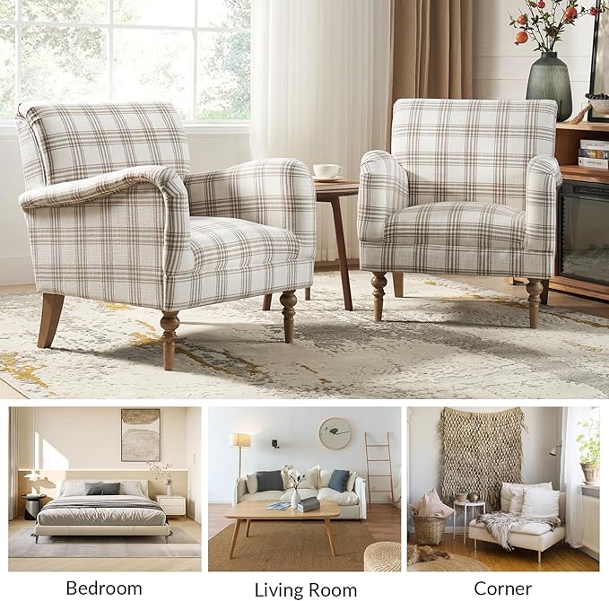 HULALA HOME Modern Accent Chair with Arms and Wooden Legs, Comfy Upholstered Armchair for Living Room, Bedroom (Plaid Pattern, Tan)