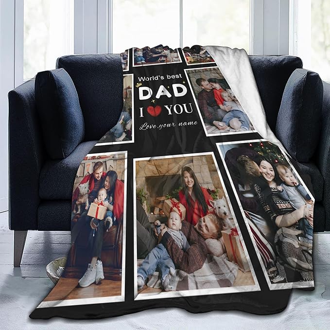 Gifts for Dad Custom Blanket with 8 Photo, Fathers Day Blankets with Picture to My Dad, HD Printing Customized Flannel Throw Blanket Gifts for Best Daddy Ever