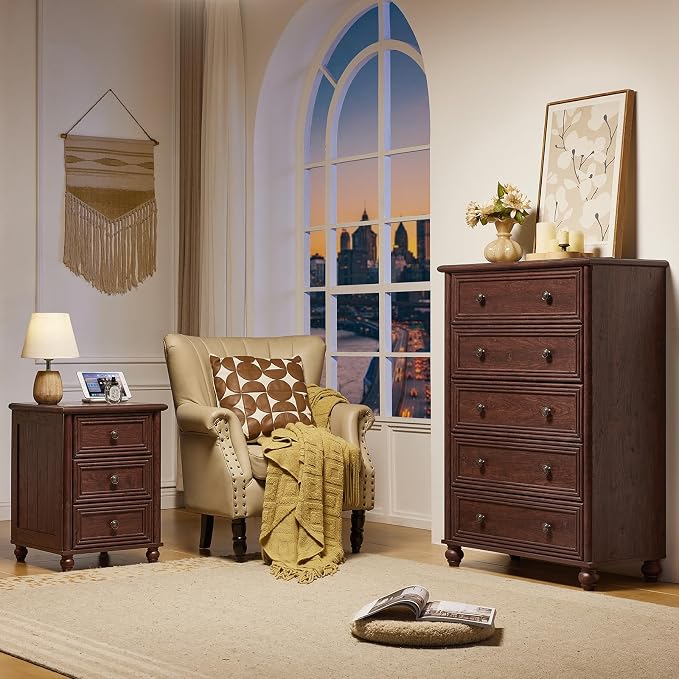 RWYHG 18" Farmhouse Night Stand Set of 2, Walnut Wood Nightstand with 3 Drawers, Bedside End Table with Storage and Roman Column, Bed Side Tables Cabinet for Bedroom, Living Room, and Closet - Image 8