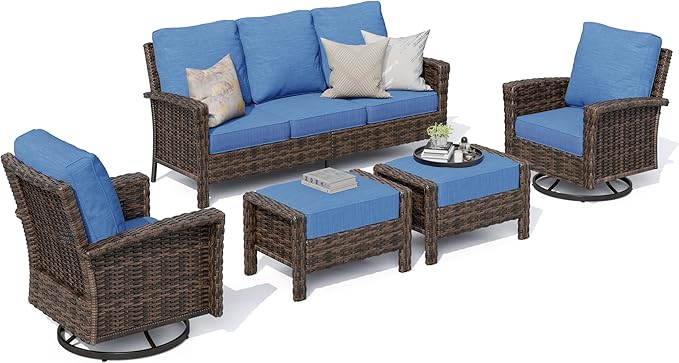 HERA'S HOUSE Patio Furniture Set, 5 Pieces Outdoor Seating Furniture, 35" High Back Swivel Chairs with 5.5" Thick Cushions, Brown Wicker Rattan Conversation Set with Ottomans for Deck Lawn Yard, Blue