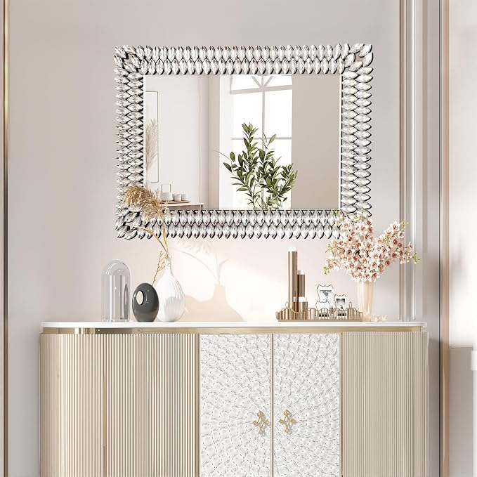 30x40 Inch Rectangle Mirrors for Wall Decor, Luxury Diamond Entryway Mirrors for Wall, Silver Decorative Mirror for Living Room, Bedroom, Bathroom, Dining Room, Fireplace - Image 6