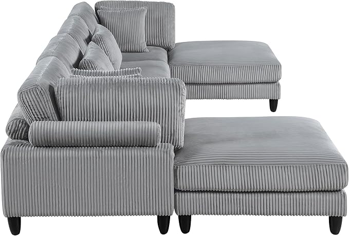 Lexicon 160 Inch Modular Sectional Sofa - Oversized 6 Seater Corduroy U Shaped Sectional Couch, 6 Accent Pillows, and Flexible Arrangement for Modern Living Rooms, Gray