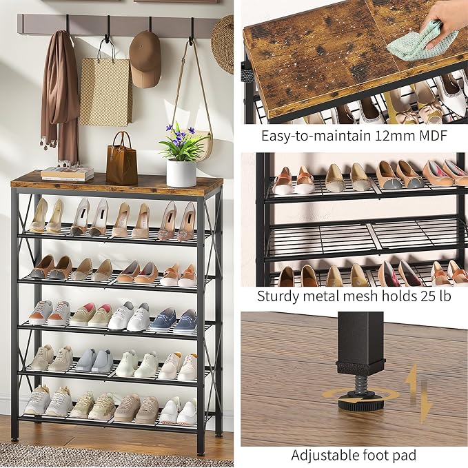 6-Tier Shoe Rack Organizer, Large Capacity Shoe Shelf with Metal Shelves, Holds up to 24 Pairs of Shoes, Shoe Storage for Entryway Closet Bedroom, Rustic Brown - Image 8